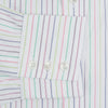 View 4 of product The Turnbull & Asser Multicoloured Double Pinstripe Mayfair Shirt, made from organic cotton, features thin blue, green, and pink stripes on white and is displayed laid flat on a white surface.