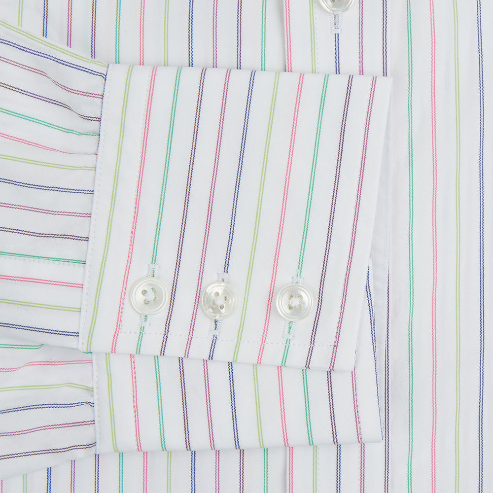 The Turnbull & Asser Multicoloured Double Pinstripe Mayfair Shirt, made from organic cotton, features thin blue, green, and pink stripes on white and is displayed laid flat on a white surface.