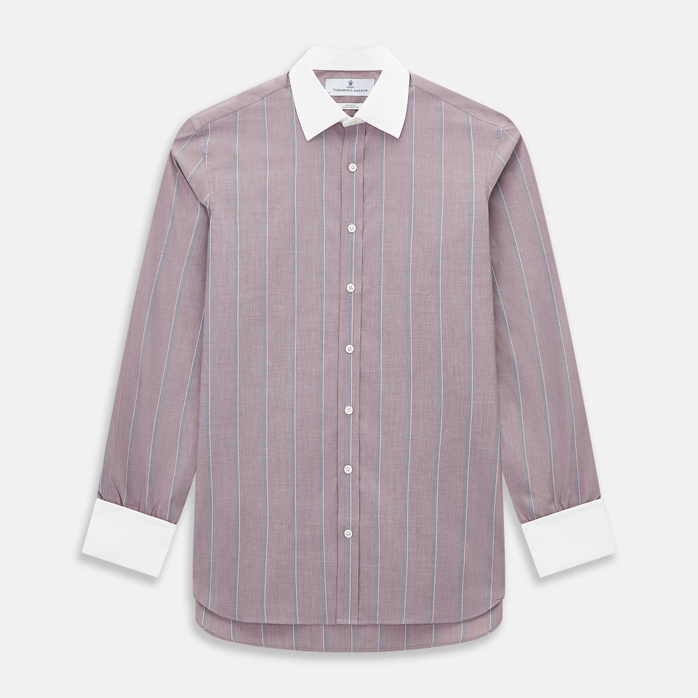 The Turnbull & Asser Light Porto Red Track Stripe Shirt features a Mayfair fit and contrast white T&A collar and cuffs, with vertical blue stripes on mauve, exemplifying British craftsmanship.