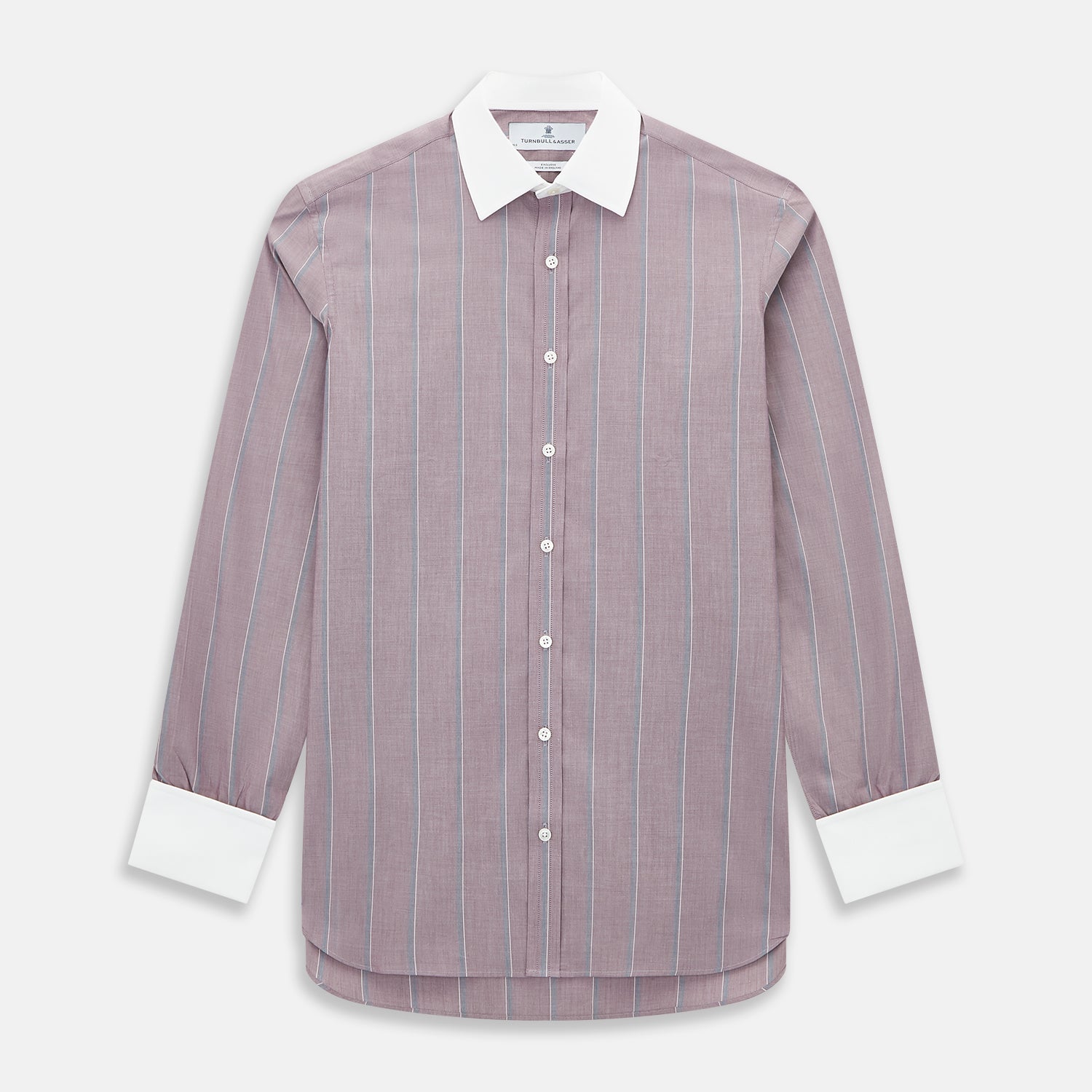 View 1 of product The Turnbull & Asser Light Porto Red Track Stripe Shirt features a Mayfair fit and contrast white T&A collar and cuffs, with vertical blue stripes on mauve, exemplifying British craftsmanship.