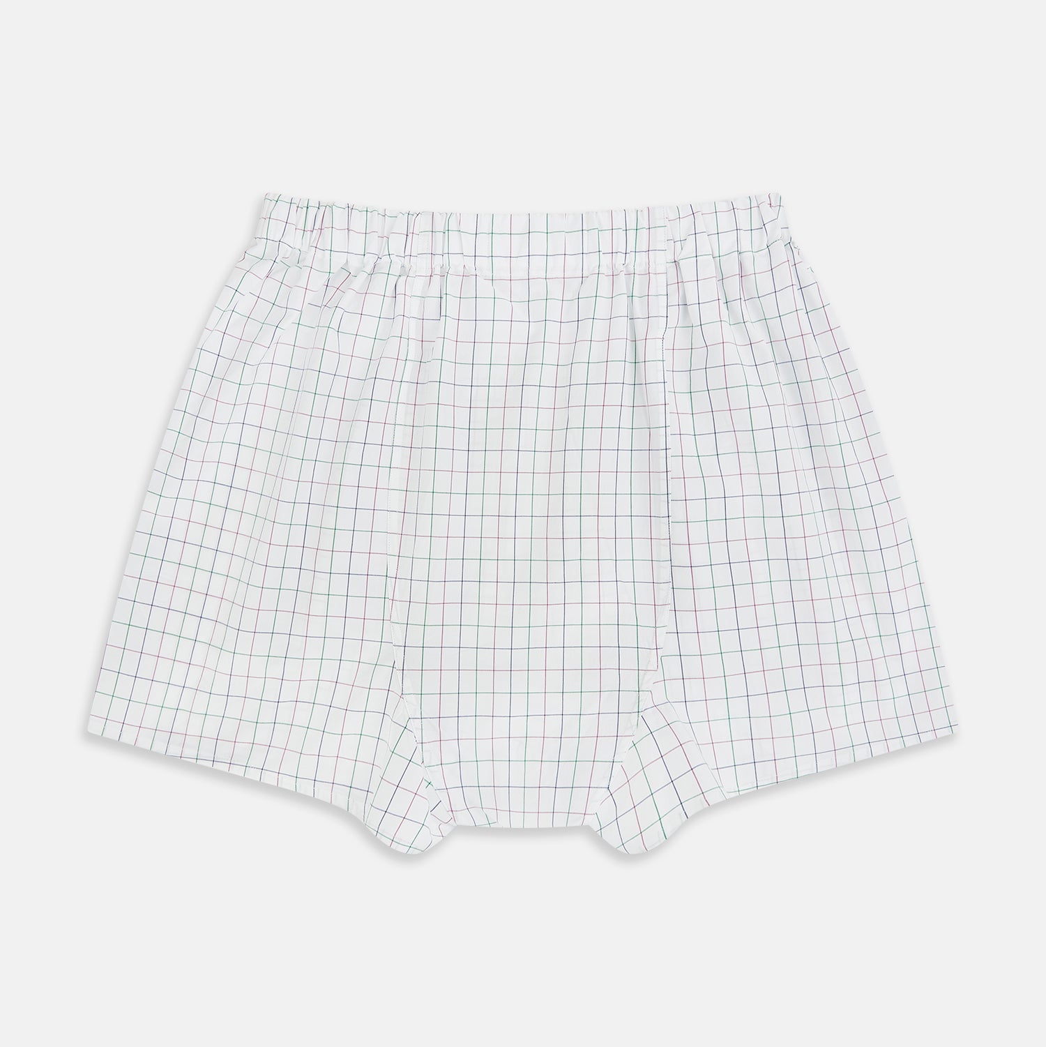 View 2 of product Turnbull & Asser Pink Grid Check Godfrey Boxer Shorts, crafted from Italian cotton with an elastic waistband, feature a pink grid pattern. The luxury boxer shorts are displayed flat against a plain white background.