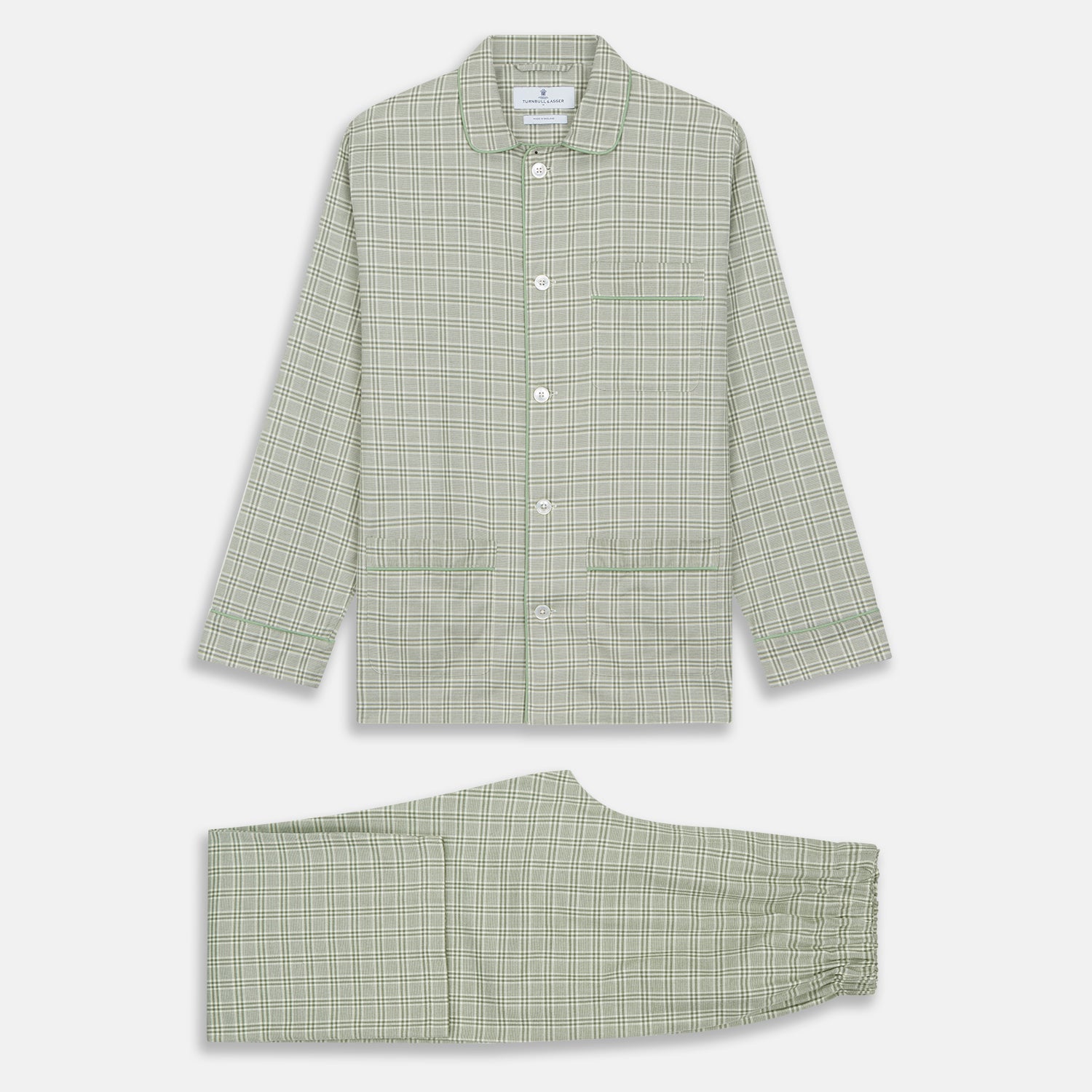 View 6 of product The Turnbull & Asser Green Check Modern Cotton Pyjama Set features a contemporary fit in white and green plaid, made from thicker cotton for added comfort.