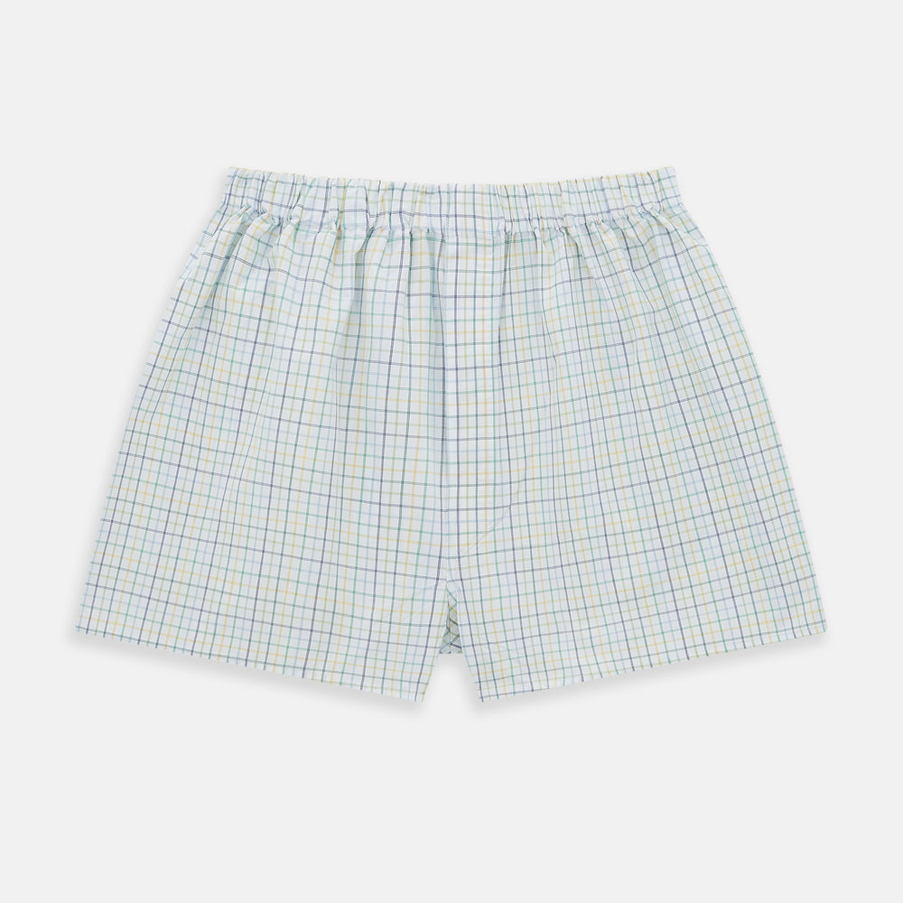 Turnbull & Asser Multicoloured Check Godfrey Boxer Shorts, crafted from Italian cotton with an elastic waistband, shown flat on a white background.