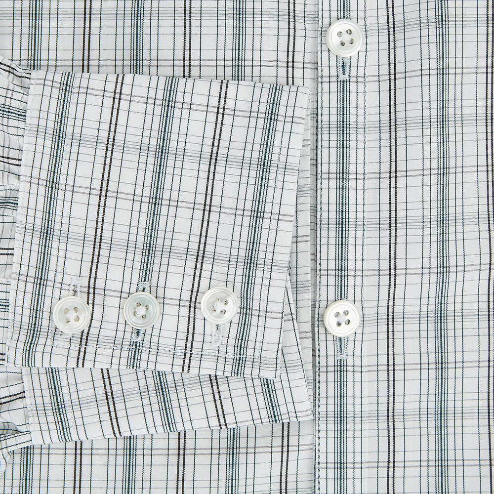 The Turnbull & Asser Forest Green Multi Check Westminster Shirt is a tailored, long-sleeved, button-up shirt with a collar and a white base featuring light blue and green plaid, displayed flat on a white background.
