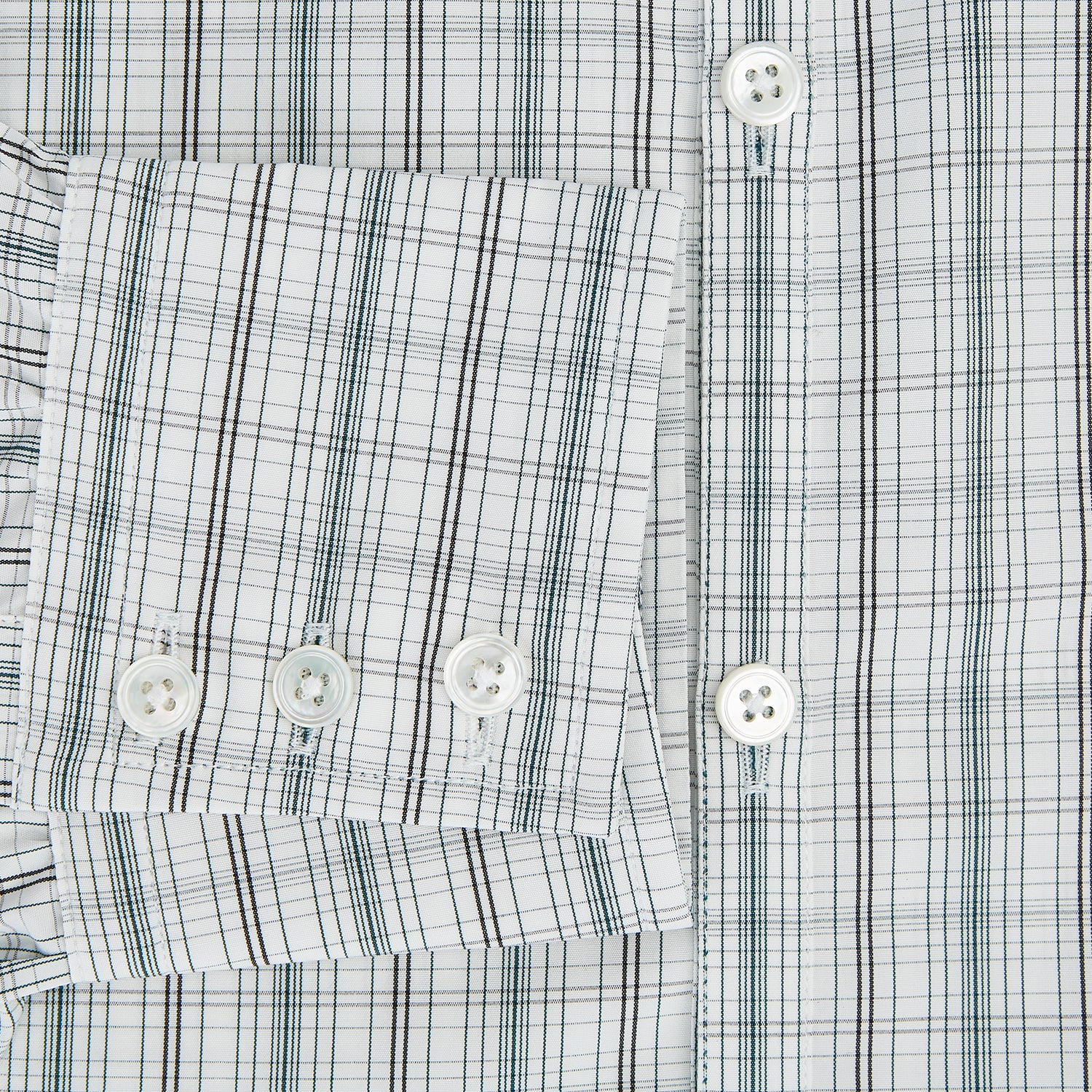 View 4 of product The Turnbull & Asser Forest Green Multi Check Westminster Shirt is a tailored, long-sleeved, button-up shirt with a collar and a white base featuring light blue and green plaid, displayed flat on a white background.