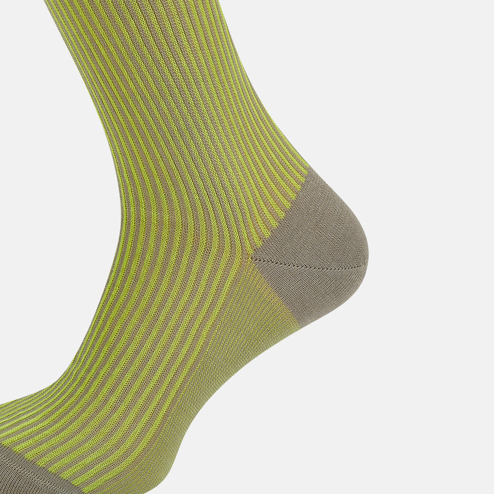 The Turnbull & Asser Lime/grey Thin Striped Long Socks are knee-high with green and yellow stripes and solid tan toe, heel, and cuff, shown against a plain light background.