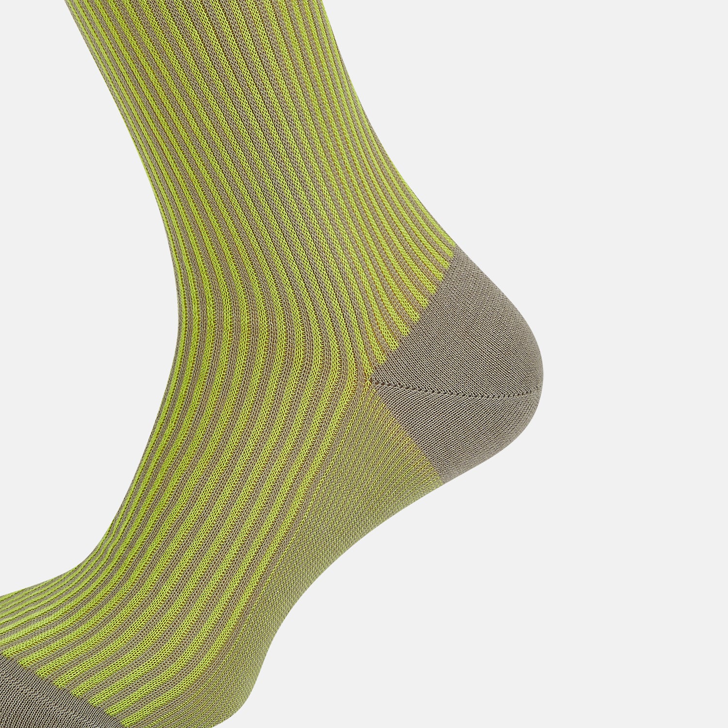 View 4 of product The Turnbull & Asser Lime/grey Thin Striped Long Socks are knee-high with green and yellow stripes and solid tan toe, heel, and cuff, shown against a plain light background.