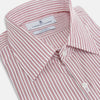 View 2 of product The Red Ticking Stripe Westminster Shirt by Turnbull & Asser features long sleeves, a button-up front, and vertical red and white stripes, shown flat on a white background.