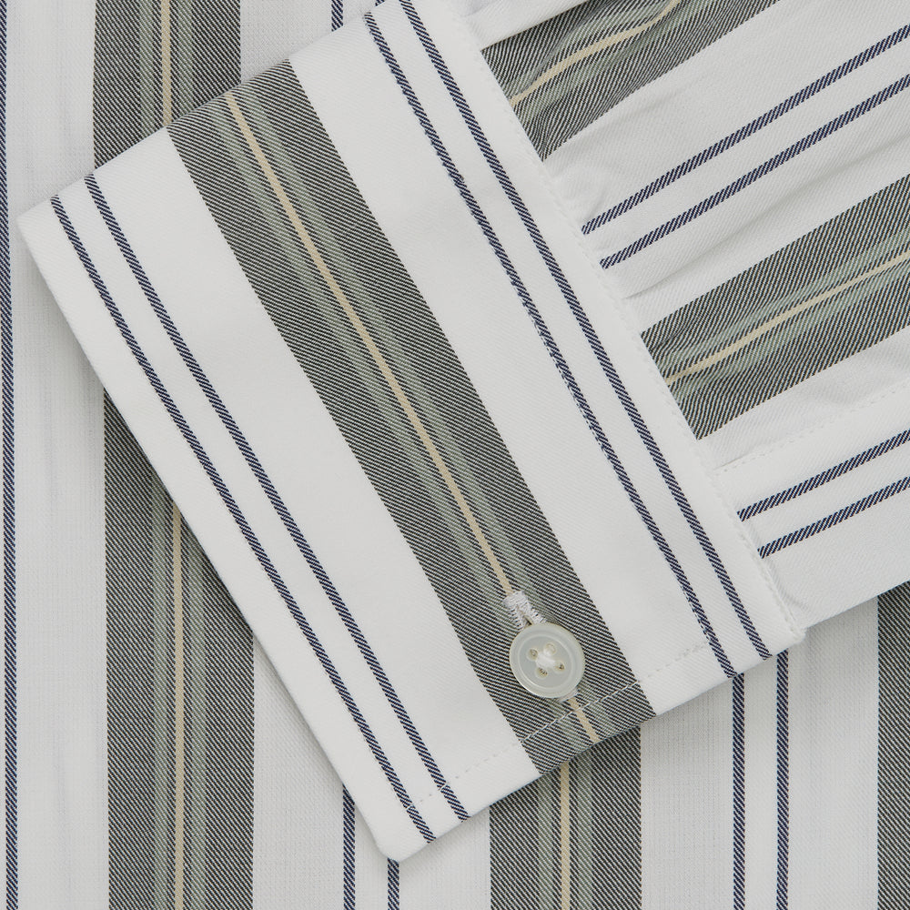 The Turnbull & Asser Green, Blue & White Stripe Weekend Fit Shirt features a Derby collar, 1-button cuffs, and chest pocket—ideal for stylish winter layering and classic sophistication.