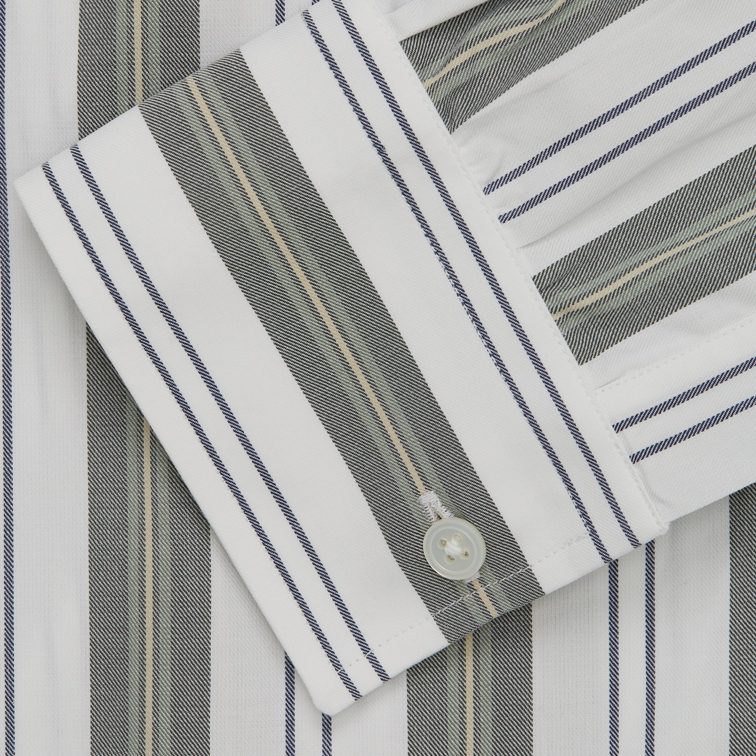 View 5 of product The Turnbull & Asser Green, Blue & White Stripe Weekend Fit Shirt features a Derby collar, 1-button cuffs, and chest pocket—ideal for stylish winter layering and classic sophistication.