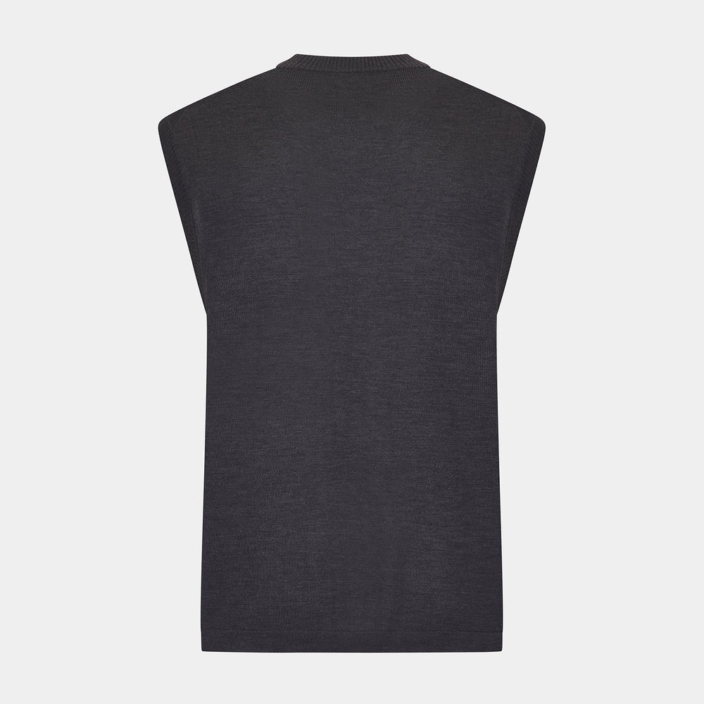 The Turnbull & Asser Brown Fine Merino V-Neck Vest features a sleeveless design with wide shoulders, ideal for layering in cooler seasons, shown here against a plain white background.