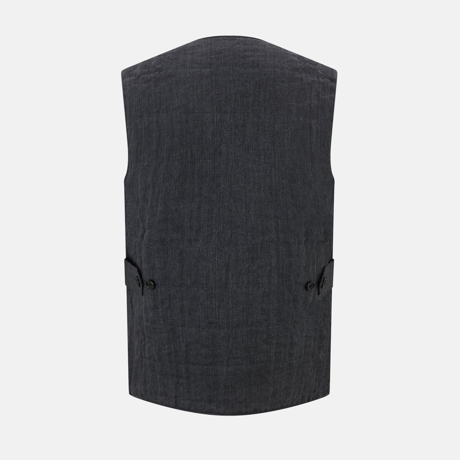 View 3 of product The Turnbull & Asser Ash Quilted Linen Herringbone Waistcoat is sleeveless and dark gray with a V-neck, two zippered side pockets, and a small chest pocket, shown on a plain white background.