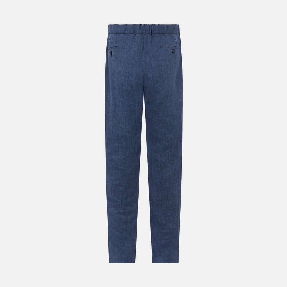 Turnbull & Asser Denim Blue Linen Herringbone Miles Trousers with a straight-leg fit, elasticated waist, and drawstring tie, shown against a plain white background.