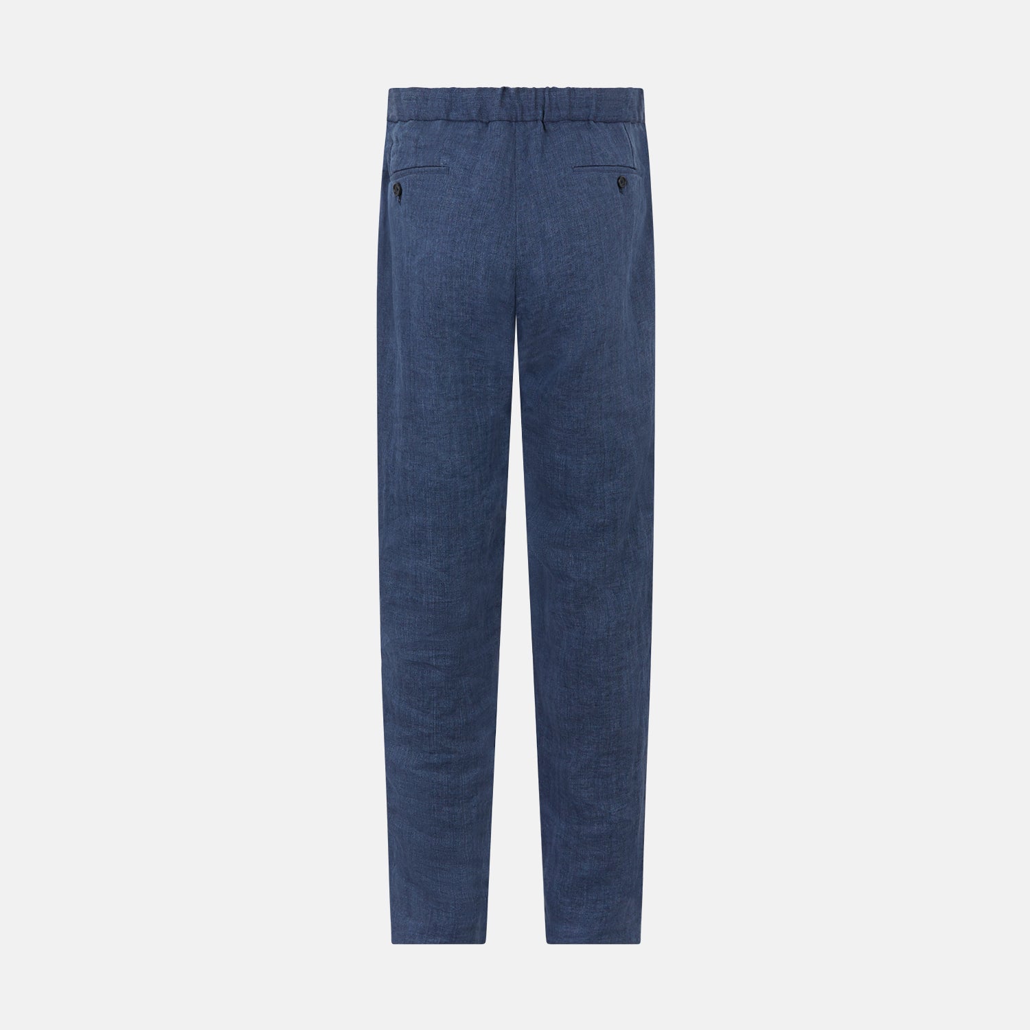 View 3 of product Turnbull & Asser Denim Blue Linen Herringbone Miles Trousers with a straight-leg fit, elasticated waist, and drawstring tie, shown against a plain white background.