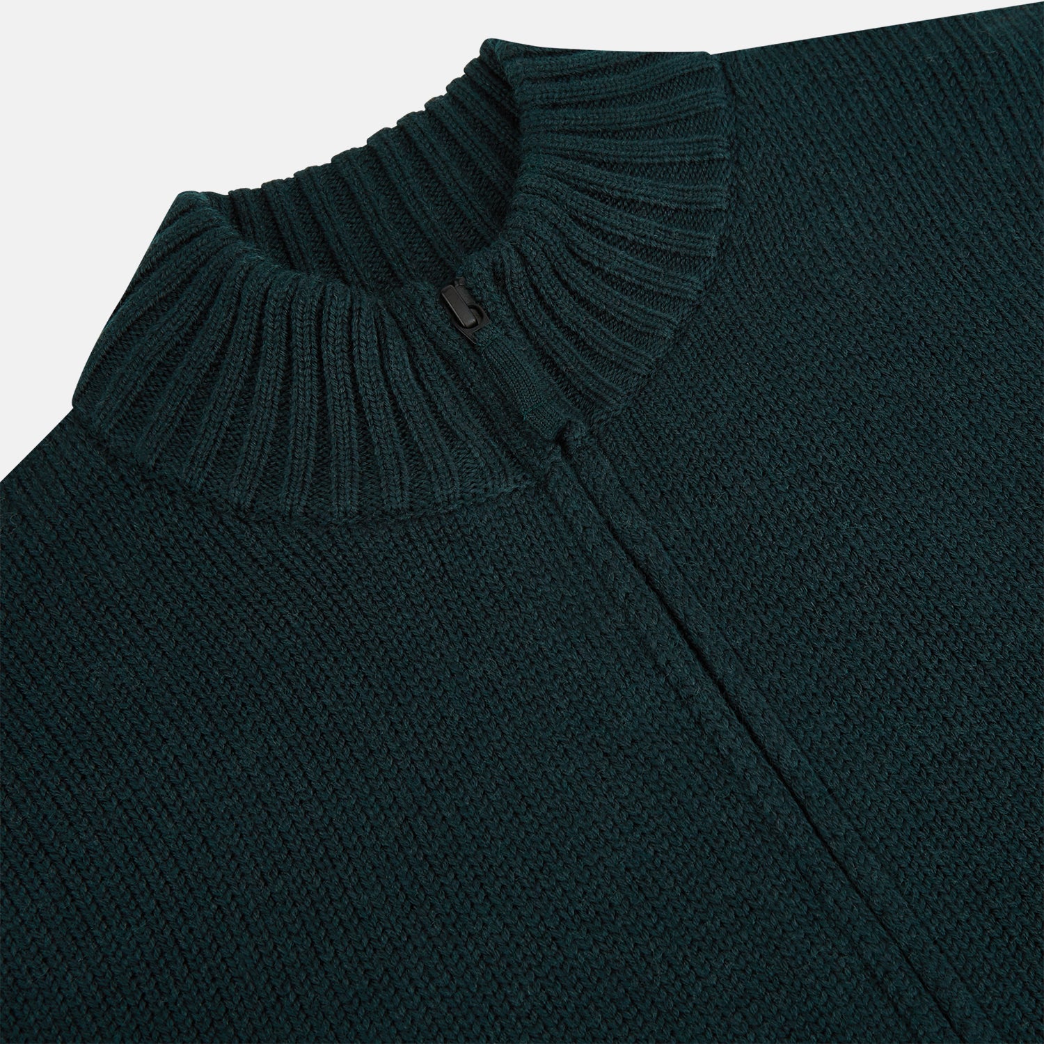 View 2 of product The Turnbull & Asser Forest Green Merino High Neck Zipped Cardigan features long sleeves, a ribbed high neck, cuffs, and hem, shown against a plain white background.