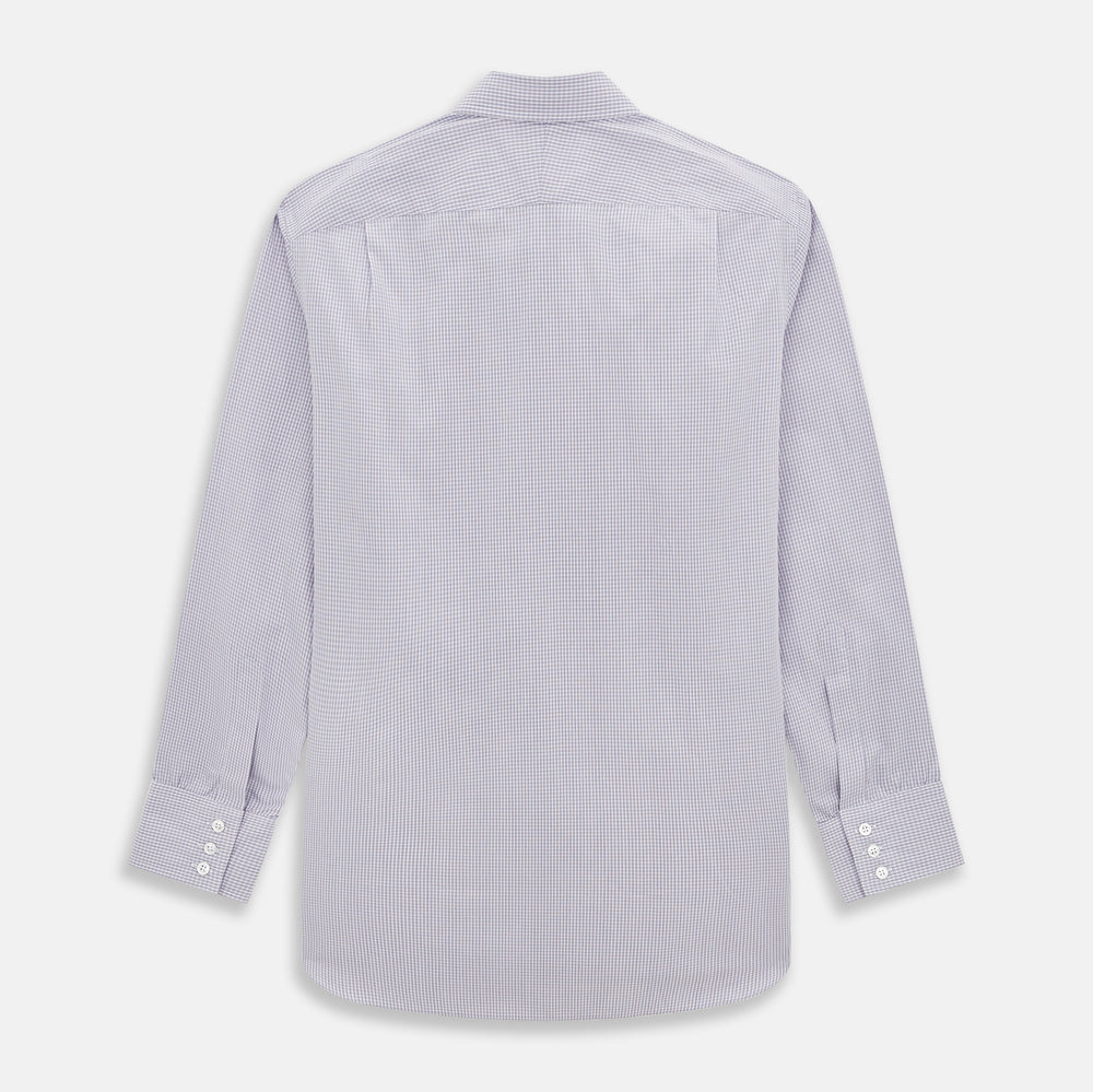 The Turnbull & Asser Purple Micro Check Mayfair Shirt features long sleeves, button-up front, pointed collar, and buttoned cuffs in a subtle lilac and white check, exemplifying British craftsmanship and displayed on a white background.