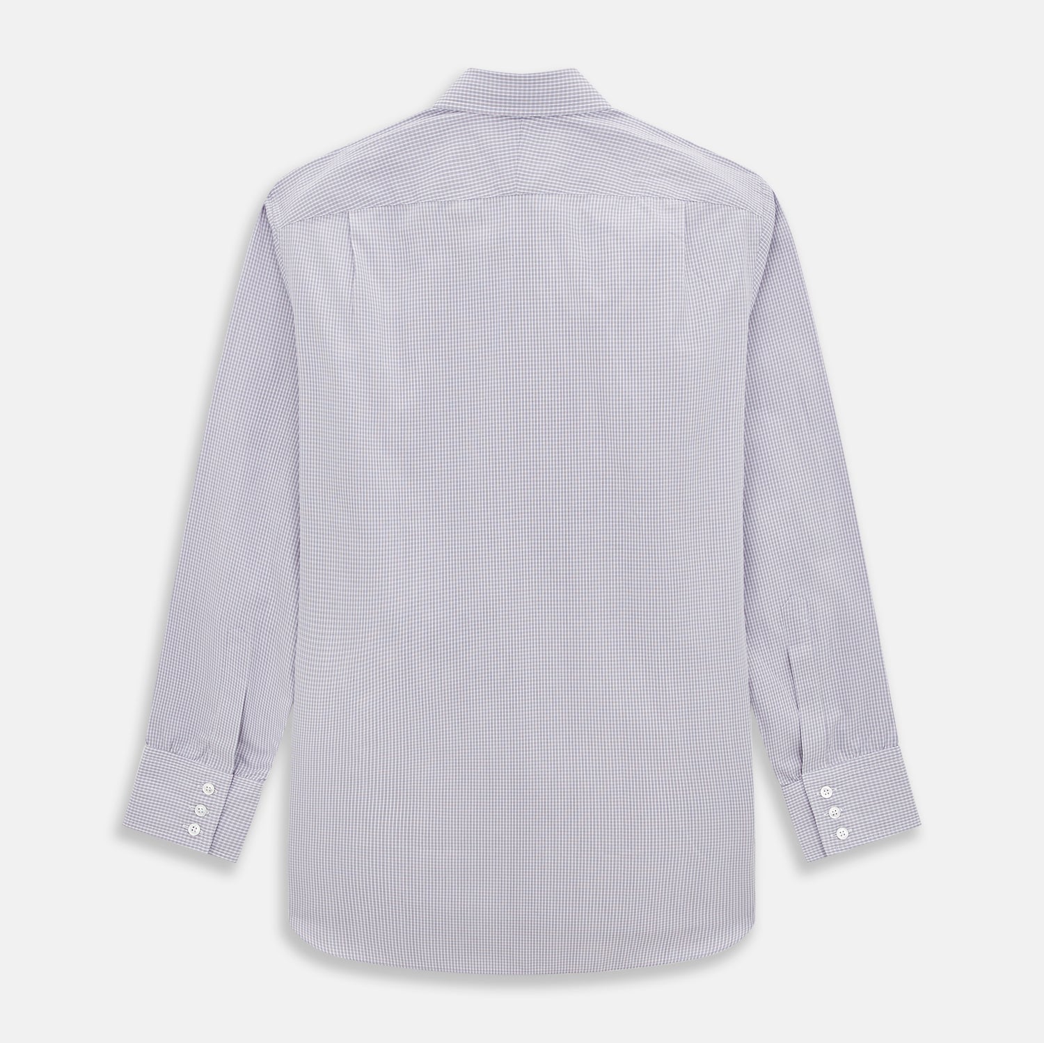 View 3 of product The Turnbull & Asser Purple Micro Check Mayfair Shirt features long sleeves, button-up front, pointed collar, and buttoned cuffs in a subtle lilac and white check, exemplifying British craftsmanship and displayed on a white background.