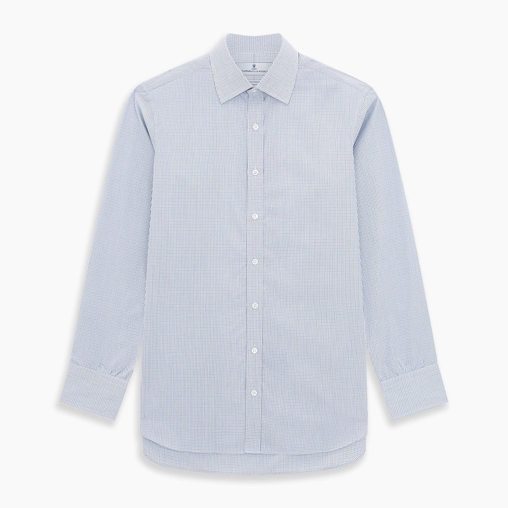 The Turnbull & Asser Blue Micro Graph Check Mayfair Shirt features long sleeves, a subtle check pattern, T&A collar, and buttoned cuffs, shown laid flat on a white background.
