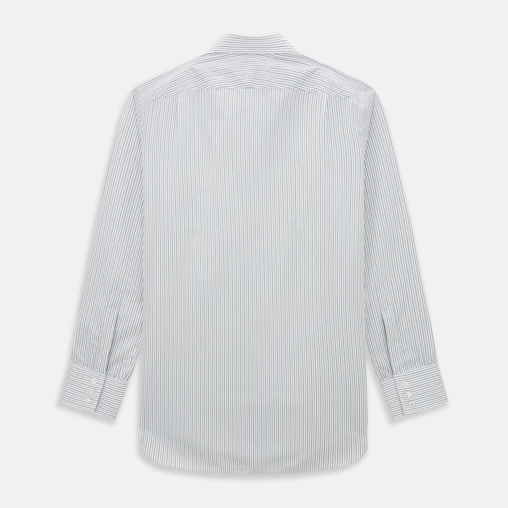 The Teal Double Stripe Mayfair Shirt by Turnbull & Asser is a long-sleeved, button-up shirt with thin teal stripes, a pointed collar, and buttoned cuffs—an essential piece for any gentleman’s wardrobe, shown laid flat on a white background.