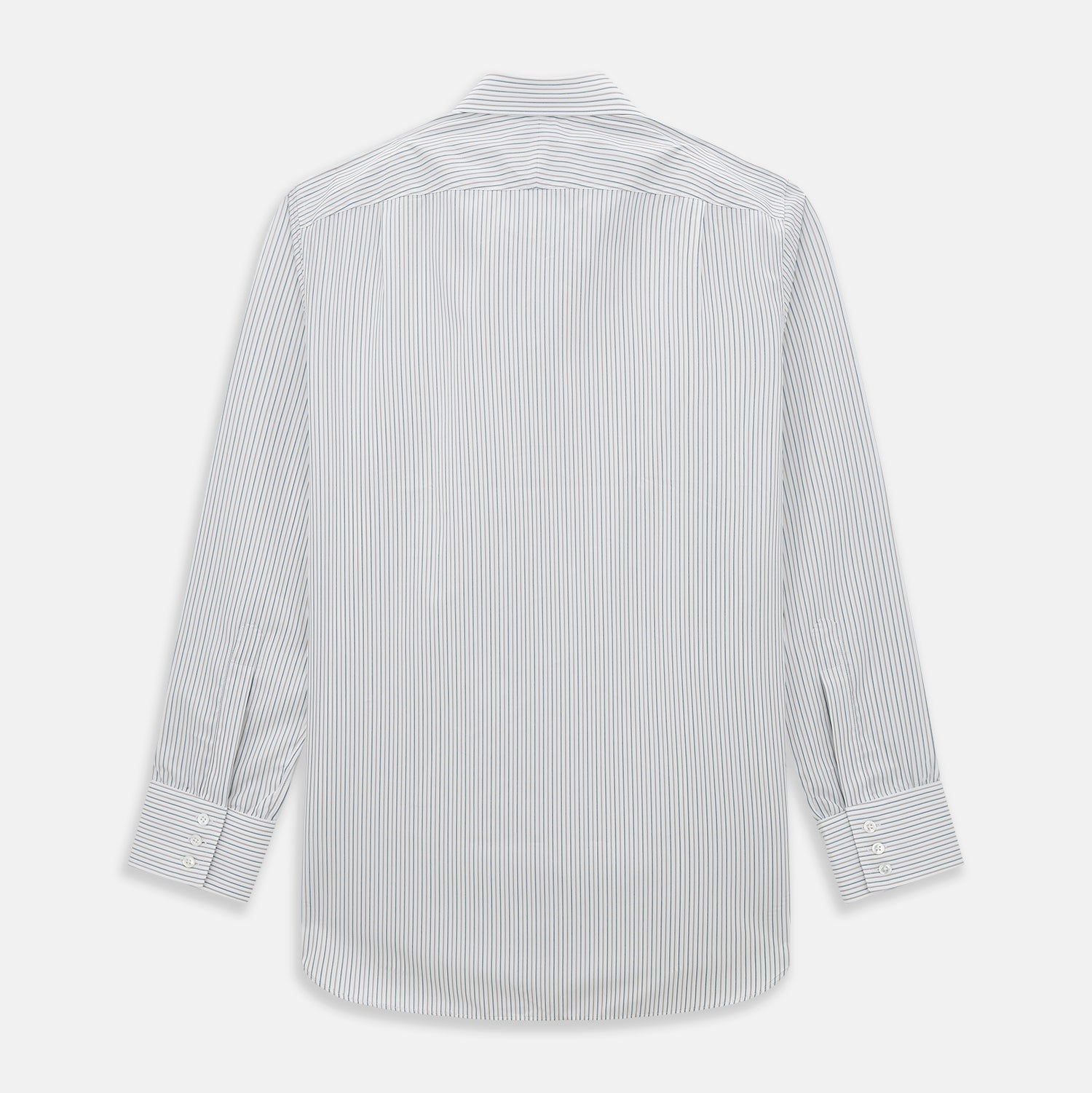 View 3 of product The Teal Double Stripe Mayfair Shirt by Turnbull & Asser is a long-sleeved, button-up shirt with thin teal stripes, a pointed collar, and buttoned cuffs—an essential piece for any gentleman’s wardrobe, shown laid flat on a white background.