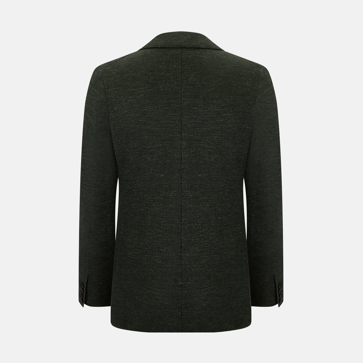 View 3 of product The Turnbull & Asser Forest Green Linen Blend Cambridge Blazer features British tailoring with notch lapels, two front buttons, a chest pocket, and two lower pockets, displayed on a plain white background.
