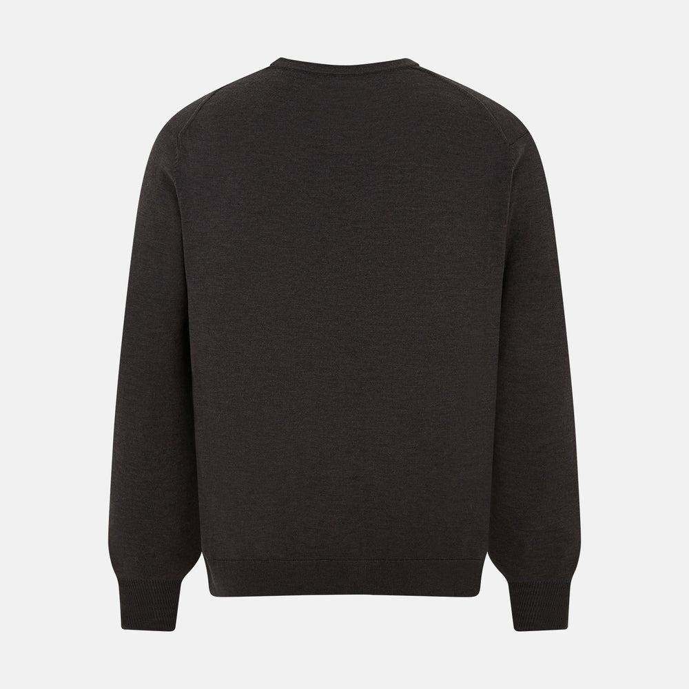 The Turnbull & Asser Brown Fine Merino V-Neck Cardigan is a classic, long-sleeved button-up knitwear piece, shown on a white background—a wardrobe essential.