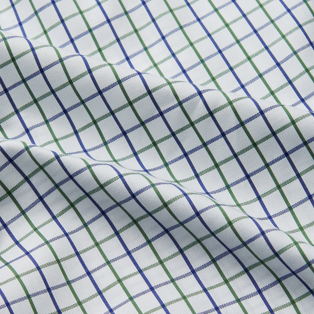 The Turnbull & Asser Green and Blue Check Cotton Hyde Pyjama Set for men features a long-sleeve, button-up top and pants with contrasting dark piping, shown laid flat on a white background.