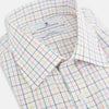 View 2 of product The Rainbow Double Grid Check Mayfair Shirt by Turnbull & Asser features a white base with thin blue, red, and green checks and a T&A collar. It’s displayed neatly laid flat on a white background.