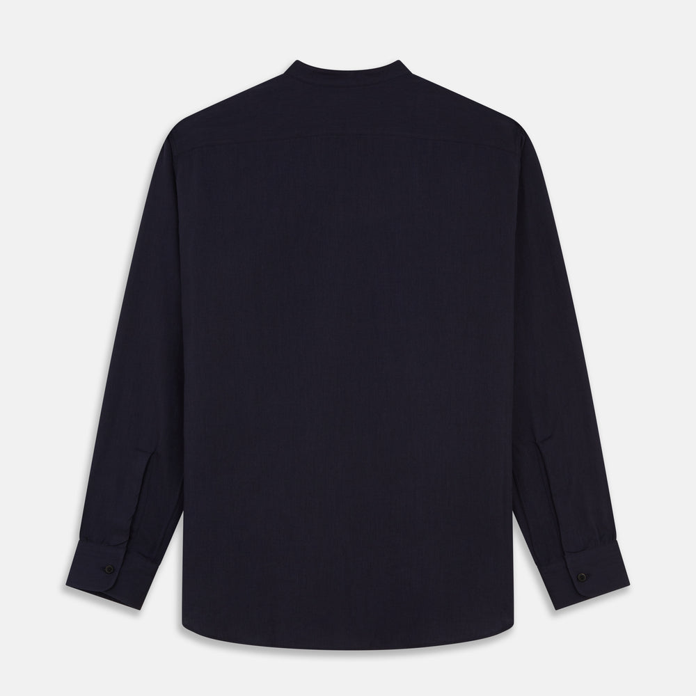 The Turnbull & Asser Navy Military Weekend Fit Shirt features a stand collar, black buttons, dual chest flap pockets, and 1-button cuffs in Italian cotton-wool, shown laid flat on a white background.