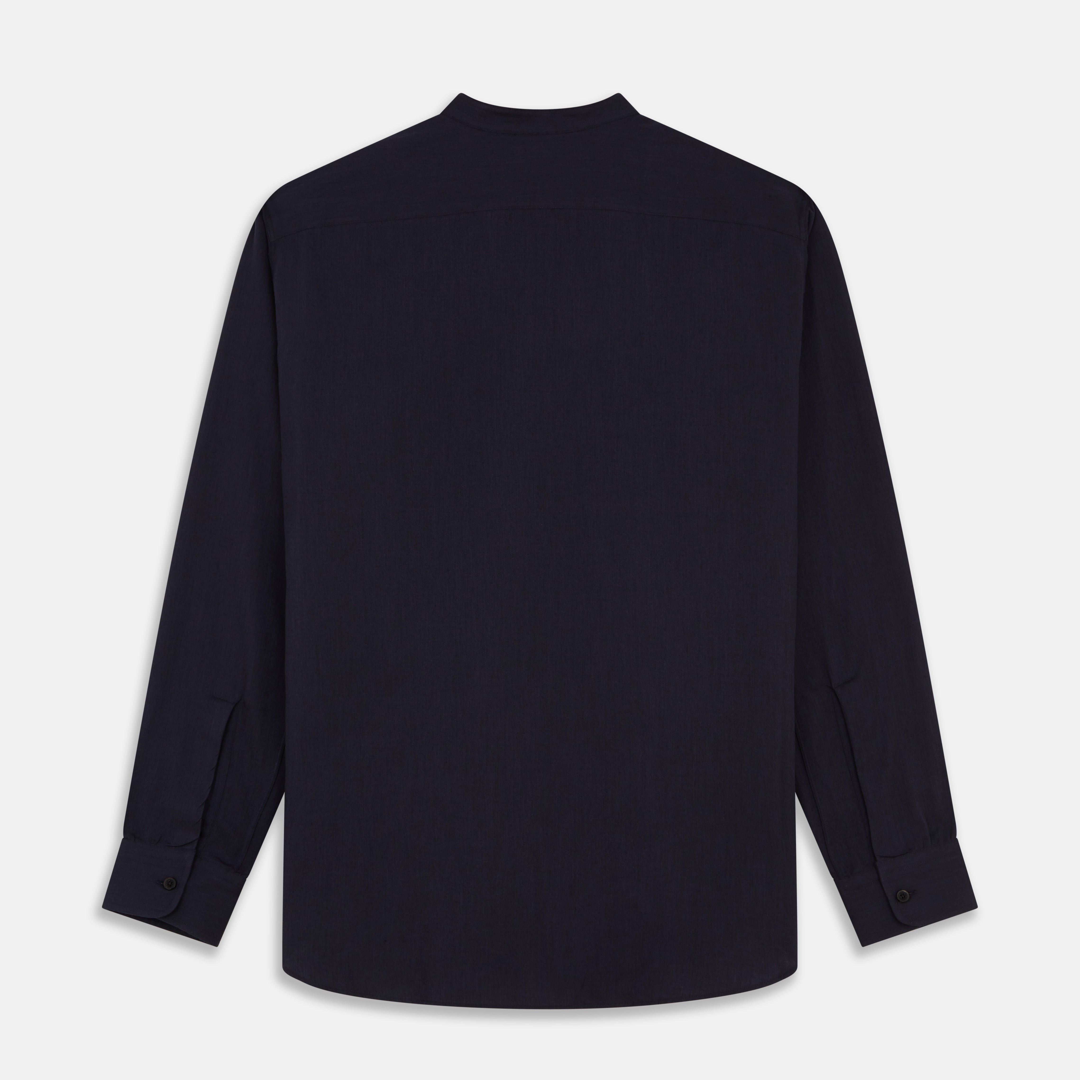 View 5 of product The Turnbull & Asser Navy Military Weekend Fit Shirt features a stand collar, black buttons, dual chest flap pockets, and 1-button cuffs in Italian cotton-wool, shown laid flat on a white background.