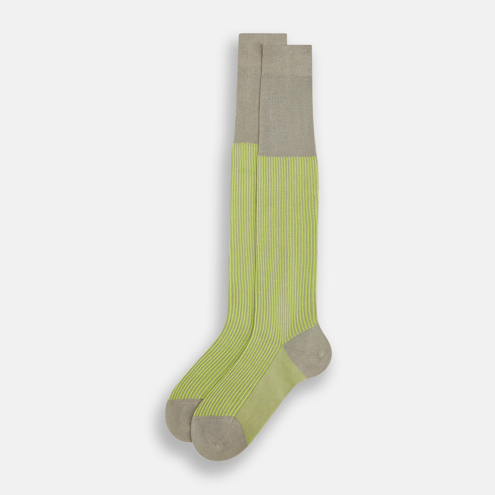 The Turnbull & Asser Lime/grey Thin Striped Long Socks are knee-high with green and yellow stripes and solid tan toe, heel, and cuff, shown against a plain light background.