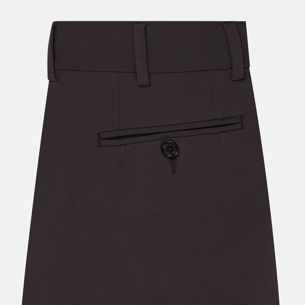 The Turnbull & Asser Brown James Trouser in a straight fit features Italian cotton, belt loops, side pockets, and a front zipper with button closure, displayed on a plain white background.