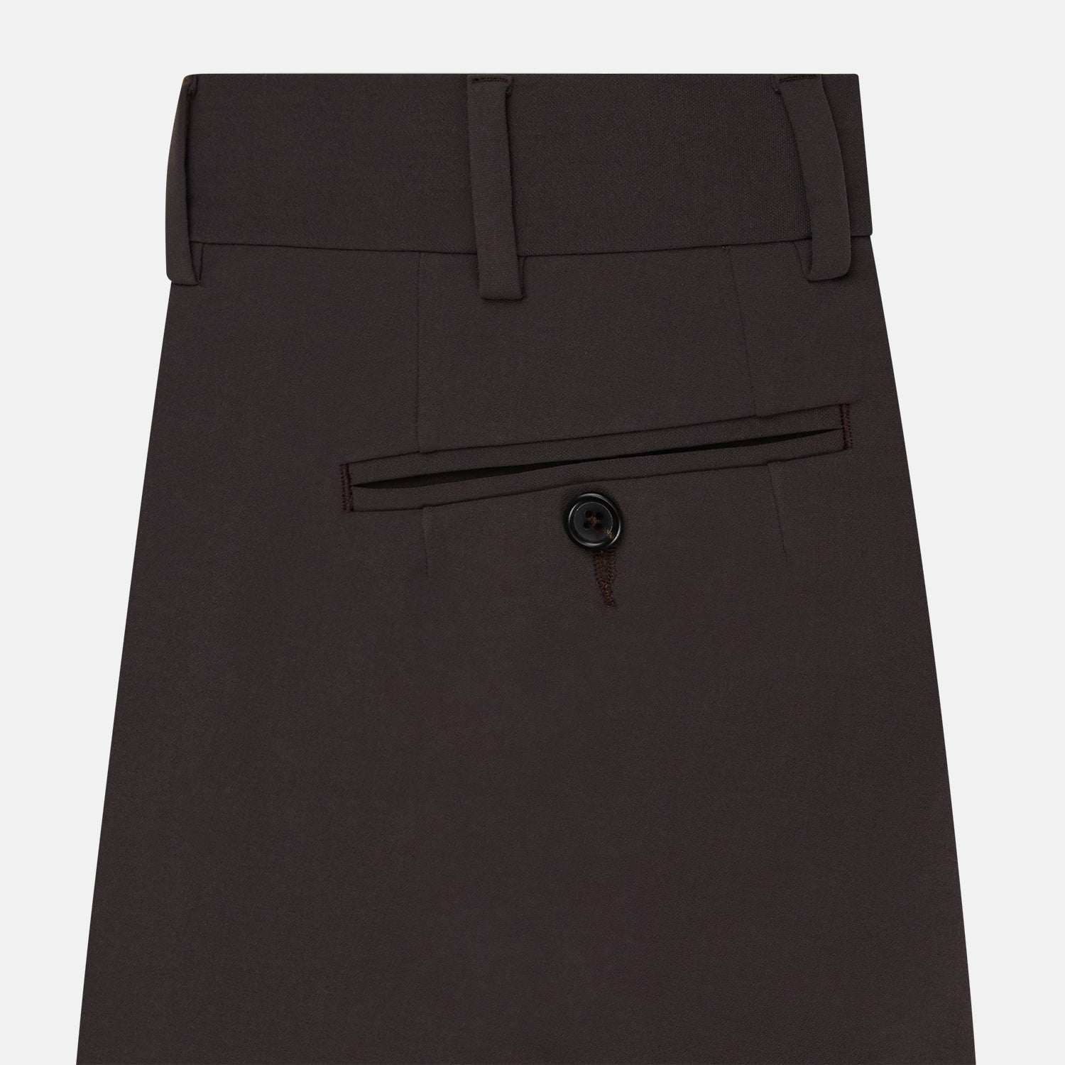 View 4 of product The Turnbull & Asser Brown James Trouser in a straight fit features Italian cotton, belt loops, side pockets, and a front zipper with button closure, displayed on a plain white background.