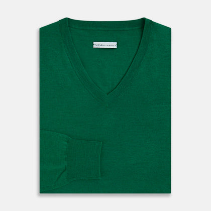 Hunter Green Fine Merino V-Neck Jumper Image 3
