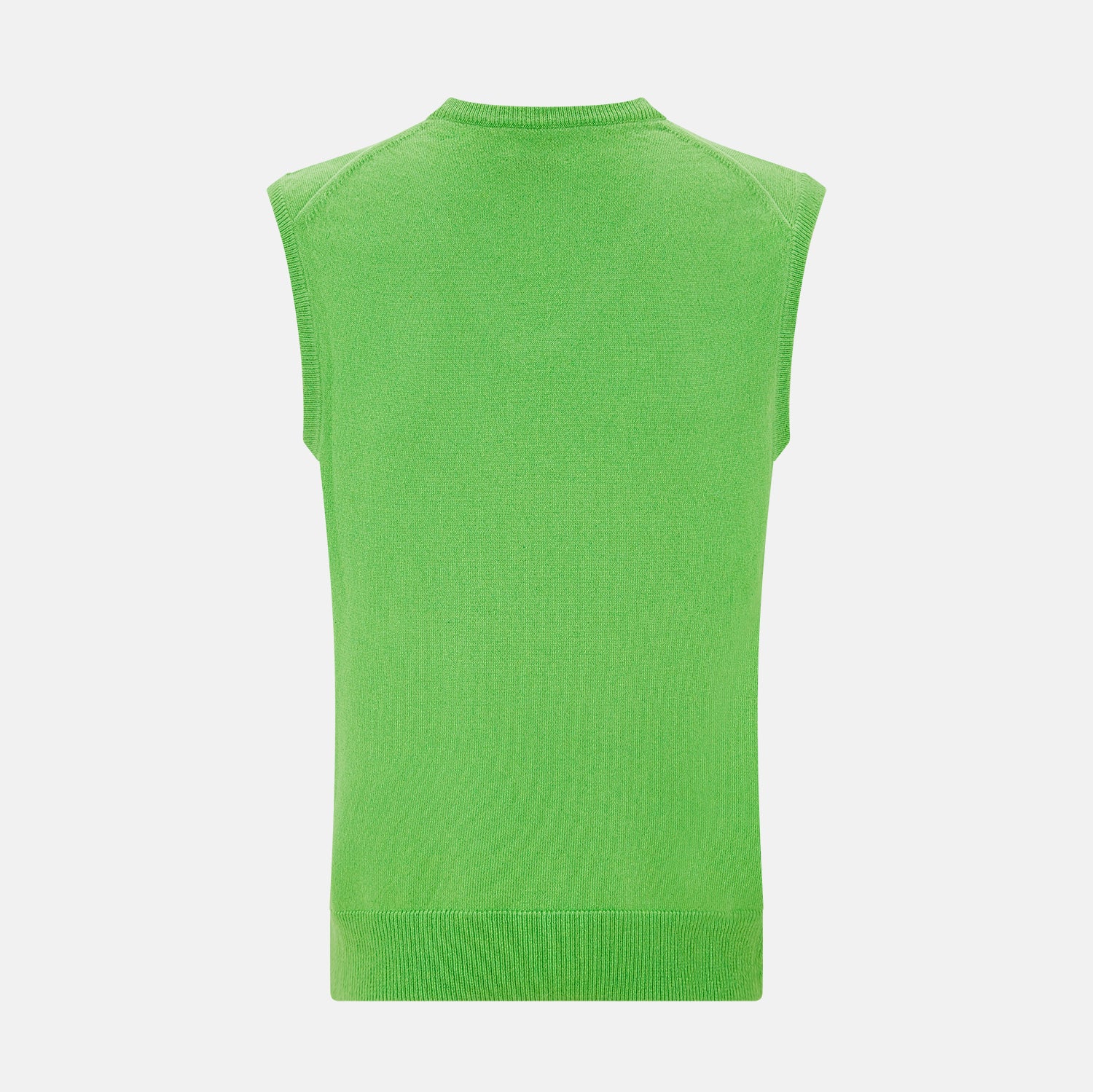 View 3 of product The Turnbull & Asser Bright Green V-neck Cashmere Vest is a sleeveless jumper with ribbed edges, shown on a plain white background.