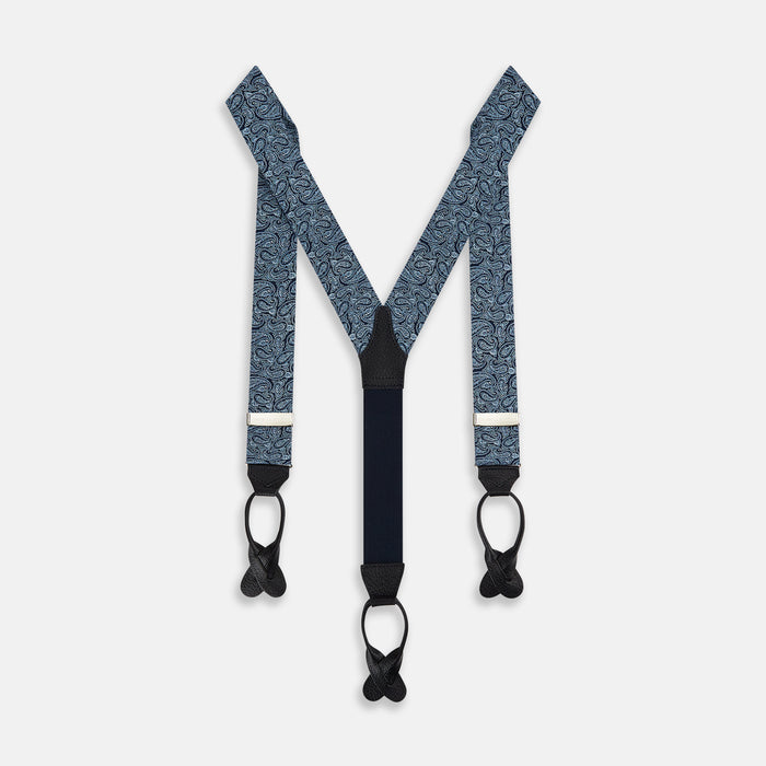 Dark Navy Paisley Adjustable Silk and Navy Leather Braces