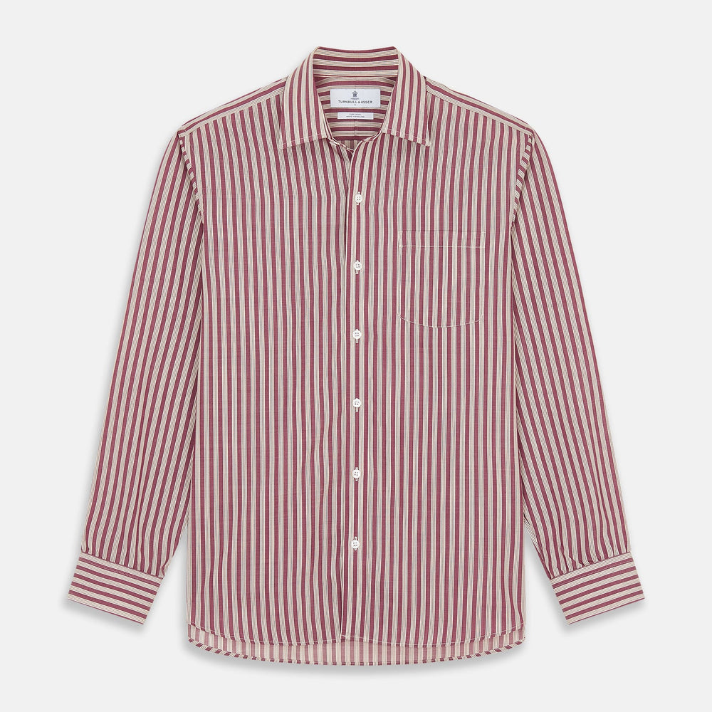 Close-up of Turnbull & Asser's Burgundy Multi Stripe Wool Fabric, featuring diagonal maroon and white stripes, shown within a circular frame on a light gray background.