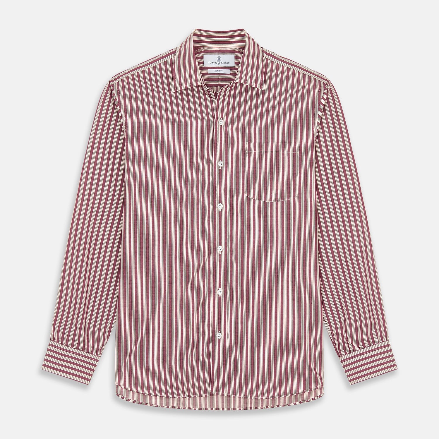 View 2 of product Close-up of Turnbull & Asser's Burgundy Multi Stripe Wool Fabric, featuring diagonal maroon and white stripes, shown within a circular frame on a light gray background.