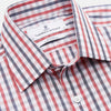View 5 of product The Turnbull & Asser Navy and Red Check Cotton Regular Fit Mayfair Shirt features a classic T&A collar and long sleeves, shown laid flat on a white background.