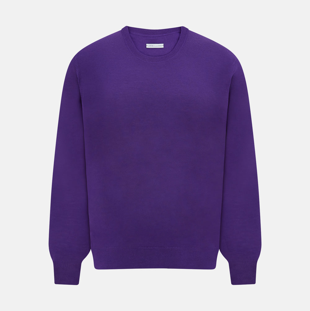 The Turnbull & Asser Purple Merino Round Neck Jumper, a classic men’s knitwear piece, is shown against a white background.