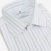 View 2 of product The Blue Wide Pinstripe Mayfair Shirt by Turnbull & Asser is a contemporary long-sleeve button-down with a collar, crafted from white fabric with bold vertical blue pinstripes. It is displayed neatly on a plain white background.