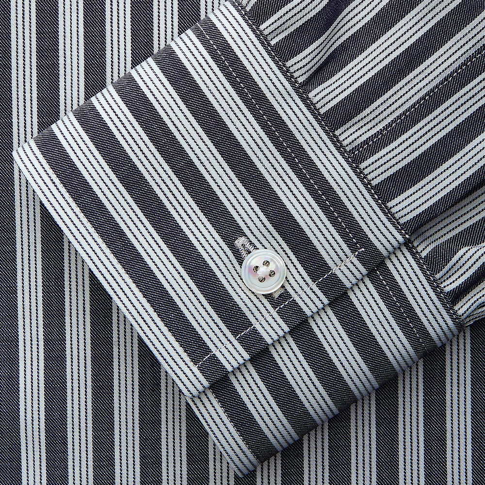 The Turnbull & Asser Navy Multi Stripe Weekend Fit Wool Shirt features a Derby collar, 1 button cuffs, and bold multicolored stripes, shown laid flat on a plain background.