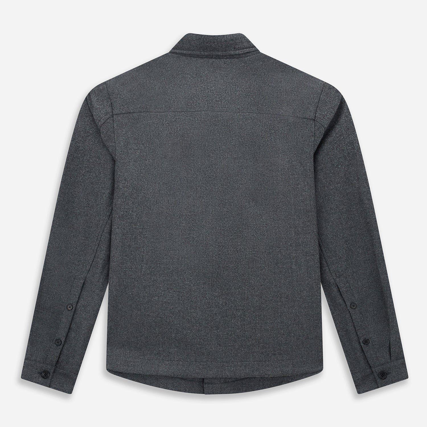 View 3 of product The Grey Highbury Overshirt by Turnbull & Asser is a long-sleeve, button-up charcoal gray overshirt with a single chest pocket, inspired by classic formal jackets and shown laid flat on a white background.