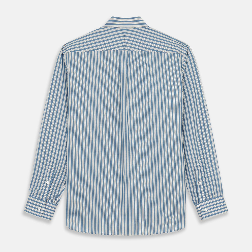 Turnbull & Asser’s Pale Blue Multi Stripe Weekend Fit Wool Shirt features a Derby collar, 1-button cuffs, and a chest pocket—ideal for casual layering. Shown laid flat on a white background for easy styling.