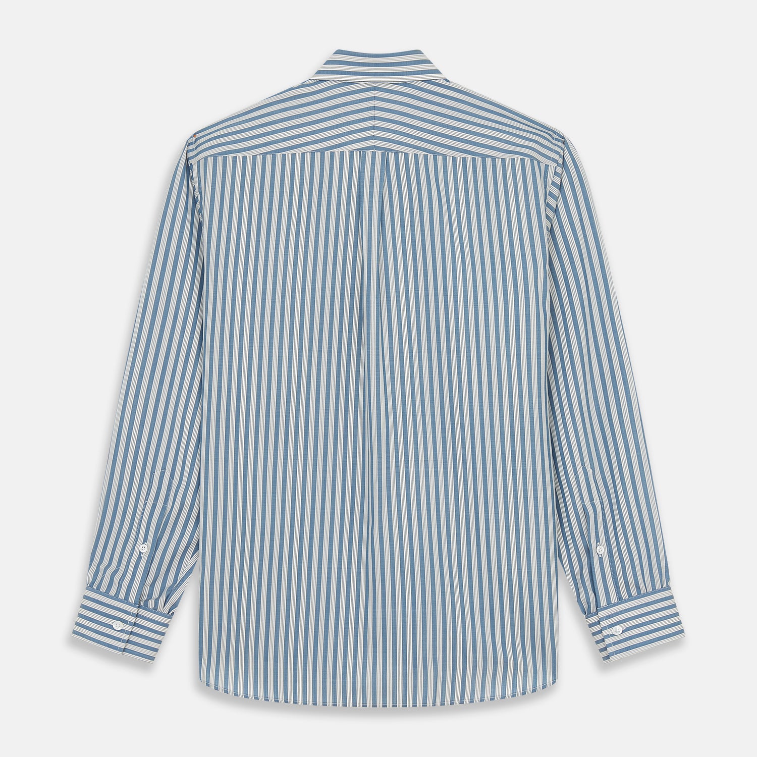 View 5 of product Turnbull & Asser’s Pale Blue Multi Stripe Weekend Fit Wool Shirt features a Derby collar, 1-button cuffs, and a chest pocket—ideal for casual layering. Shown laid flat on a white background for easy styling.