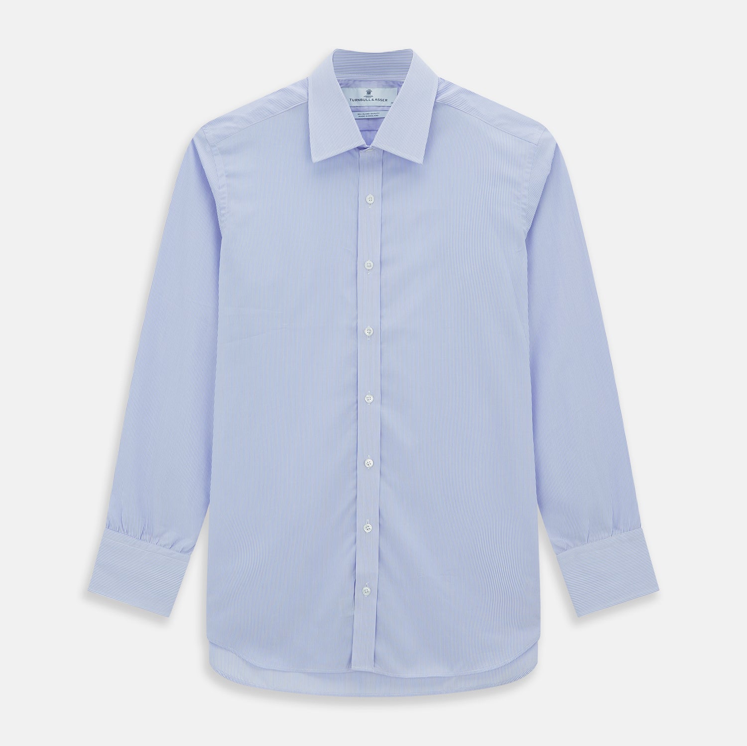 View 1 of product Turnbull & Asser Blue and White Fine Bengal Stripe Sea Island Quality Cotton Shirt, featuring a T&A collar, long sleeves, white buttons, and 3-button cuffs. Shown flat on a white background for a classic formal look.