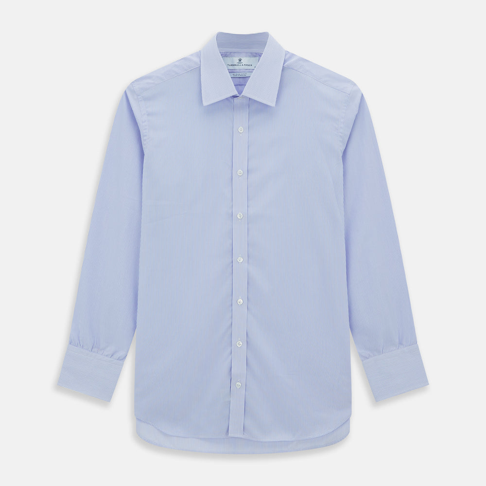 A Blue and White Fine Bengal Stripe Sea Island Quality Cotton Shirt by Turnbull & Asser, featuring a T&A collar and 3-button cuffs, is laid flat on a white background.