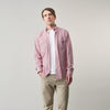 View 2 of product The Turnbull & Asser Dark Red Chambray Stripe Weekend Fit Shirt with a Dorset collar features striped cotton, two chest pockets with button flaps, and white front and cuff buttons—perfect for a relaxed yet stylish weekend look.