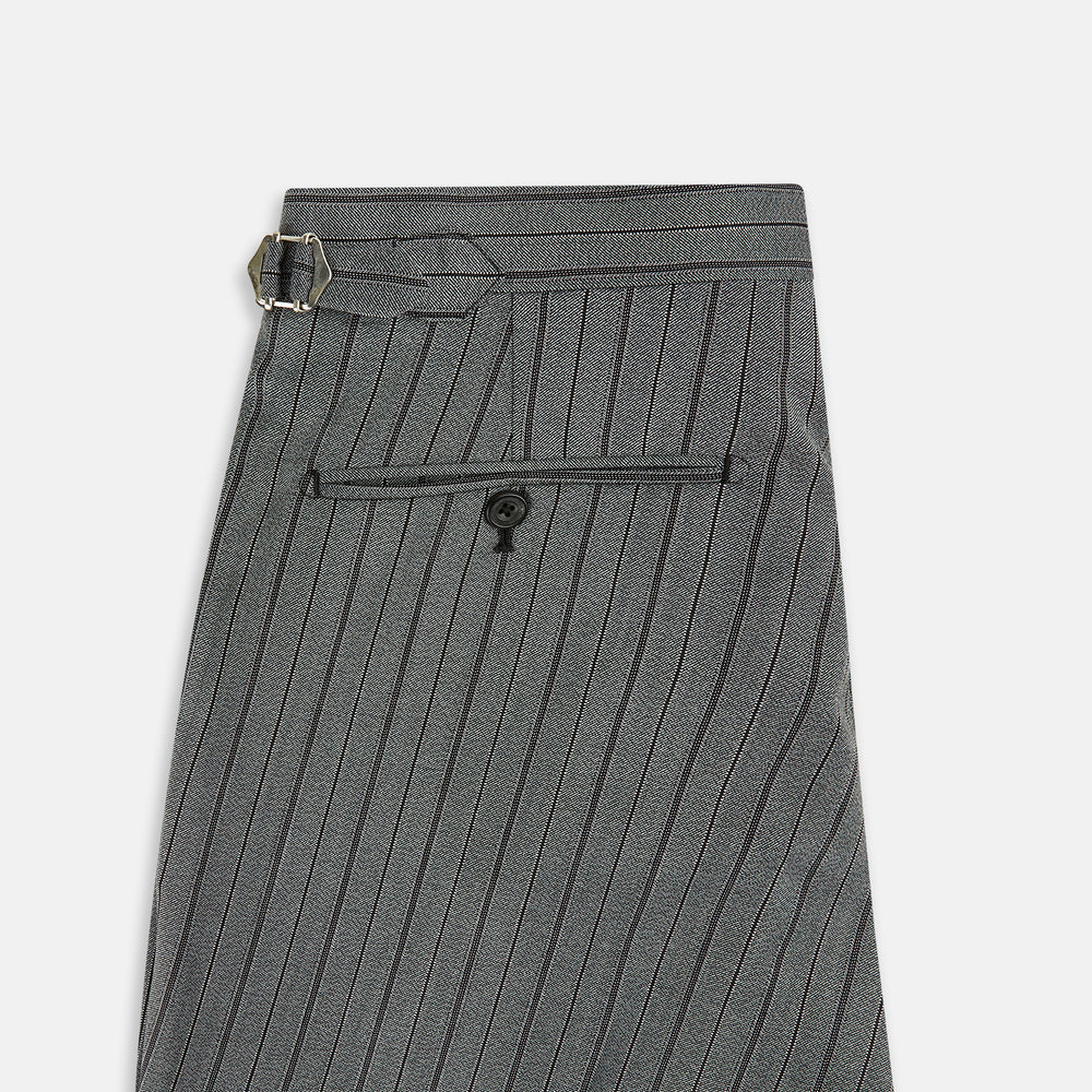 The Grey Multi Pinstripe Morning Dress Trousers by Turnbull & Asser feature a tailored fit, vertical black pinstripes, and a flat front design—ideal for formal wear. Shown against a plain white background.