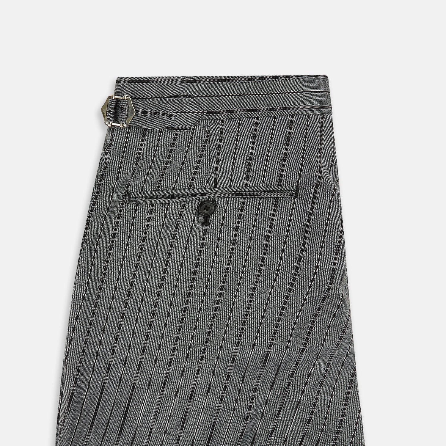 View 5 of product The Grey Multi Pinstripe Morning Dress Trousers by Turnbull & Asser feature a tailored fit, vertical black pinstripes, and a flat front design—ideal for formal wear. Shown against a plain white background.